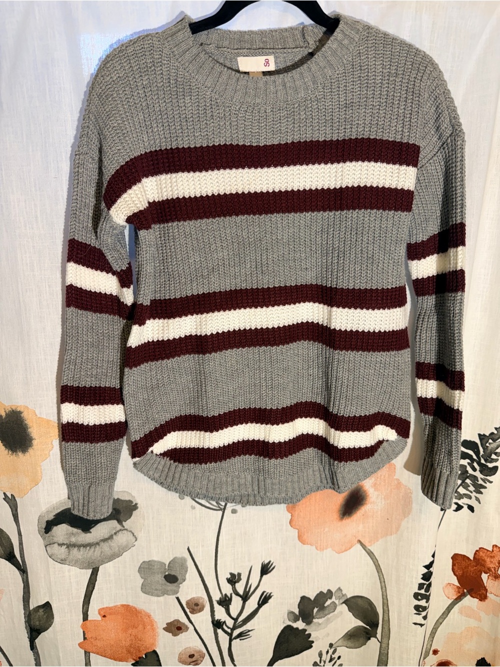 SO Gray Crewneck Sweater with Burgundy and White Stripes - Picture 3 of 7